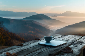 morning in the mountains, A tranquil workspace nestled amidst the serenity of nature's embrace
