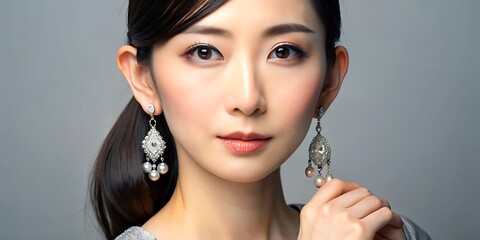 イヤリング、イヤリングの写真撮影を行う美しい日本人女性モデル日本人モデルによるコマーシャル
