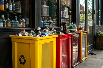 containers in the street, A yellow bin sits nearby, intended for aluminum cans and metal containers, its bright color shining like a beacon of sustainability - obrazy, fototapety, plakaty
