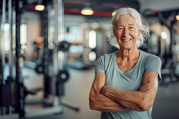 A woman is smiling and posing for a picture in a gym. She is wearing a gray shirt - Powered by Adobe