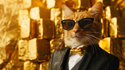A cool, rich cat is dressed in a stylish suit and sunglasses, standing confidently against a vibrant background. A pile of golden bars serves as the backdrop, emphasizing luxury and sophistication.