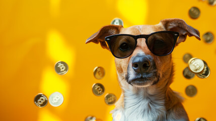 cool, rich female cat is portrayed wearing stylish sun glasses against a vibrant background. golden coin is scattered in the air as a backdrop, adding to the luxurious and playful atmosphere.