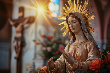 Statue of the Virgin Mary in a Christian church, A statue of Mary is sitting in front of a cross © Duckai