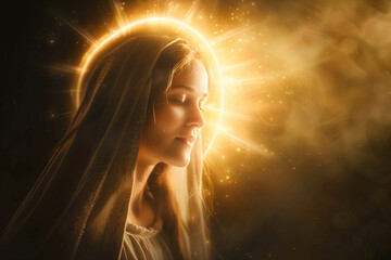 Virgin Mary with a heavenly halo, A woman with a halo on her head is surrounded by light