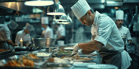 A image of a chef working in a busy commercial kitchen, preparing gourmet dishes and coordinating...