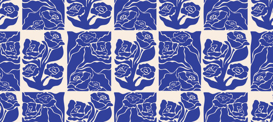 Aesthetic seamless pattern in blue and white. Groovy abstract flowers organic floral roses contemporary design for textile prints.