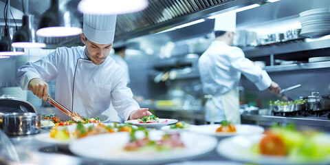 chef preparing food, A image of a chef working in a busy commercial kitchen, preparing gourmet...