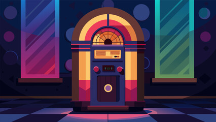 An old school jukebox stands in the corner of the room its glowing lights reflecting off the walls covered in vinyl records. Vector illustration