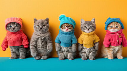 A delightful scene showcases a group of British Shorthair kittens dressed in fashionable outfits, each striking a pose against a bright, vibrant background.
