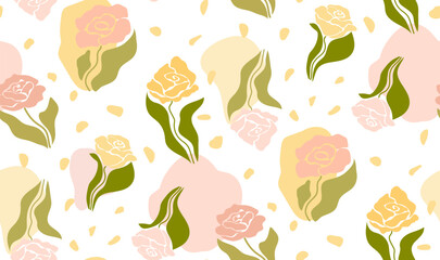 Colorful flower field abstract floral seamless pattern. Vector illustration roses garden retro design for textile prints.