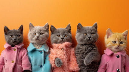 A delightful scene showcases a group of British Shorthair kittens dressed in fashionable outfits, each striking a pose against a bright, vibrant background.