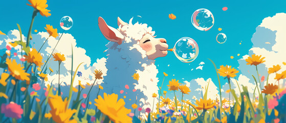 Fototapeta premium A joyful llama blowing bubbles in a field of wildflowers