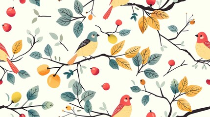 spring birds with flower and tree refreshing positive feeling, seamless pattern nursery design cartoon style illustration with grungy texture, Generative Ai