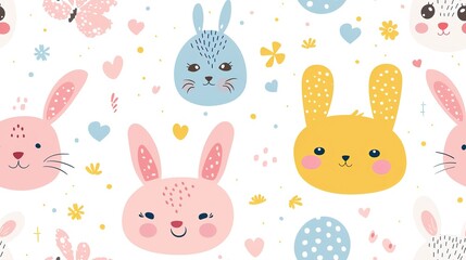happy baby rabbit smiling animal face with flowers , seamless pattern nursery design cartoon style illustration with grungy texture, Generative Ai