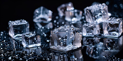 Refreshing Oasis Ice Cubes on Black Surface with black background - obrazy, fototapety, plakaty