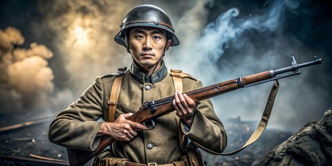 Fototapeta premium 戦場での日本の軍人, 銃を持つ日本の軍人, 戦争の勇気