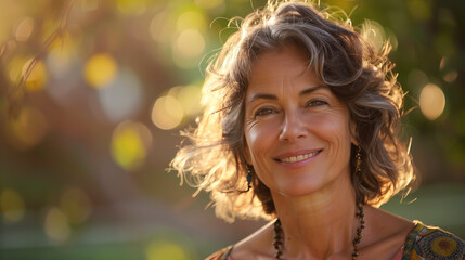 radiant smile of a mature, fit woman, her eyes sparkling with vitality and joy. With confidence and grace, self-assurance and contentment, embodying the beauty of aging with strength and positivity.