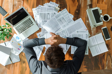 Overwhelmed businessman with papers and laptop at a cluttered desk.