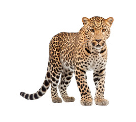 Alert and poised, a full-bodied leopard stands gracefully, isolated on a transparent background. Generative AI