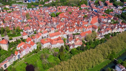 Aerial view around the old town of the city Tübingen on a sunny day in Germany.