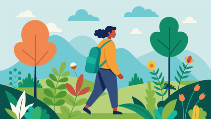 A person taking a solo hike enjoying the peaceful sounds of nature and stopping to appreciate and care for the wild plants along the way..