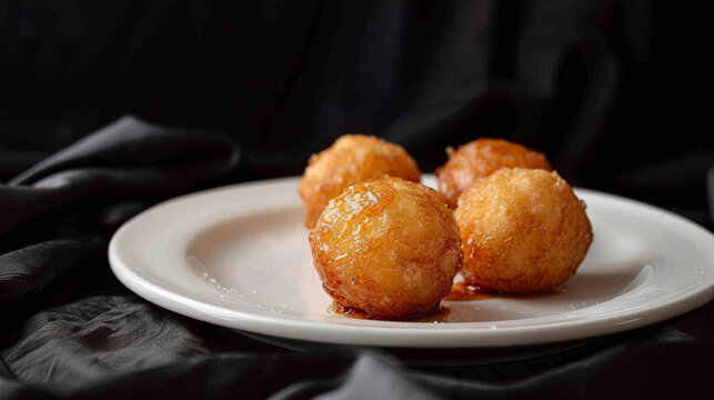 Trio of golden-brown cucur badak served on a white ceramic plate, showcasing the delicious simplicity of malaysian cuisine