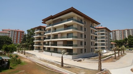 New Mediterranean Style Apartment Complex in Suburban Neighborhood under construction. 