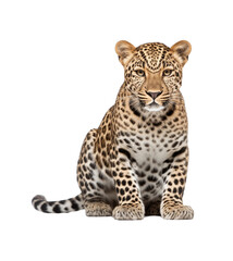 Naklejka premium Alert and poised, a full-bodied leopard stands gracefully, isolated on a transparent background. Generative AI