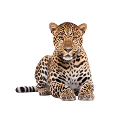 Alert and poised, a full-bodied leopard stands gracefully, isolated on a transparent background. Generative AI