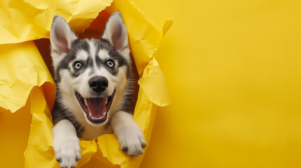 A playful Siberian Husky bursting through a paper wall with excitement, its fur slightly ruffled...