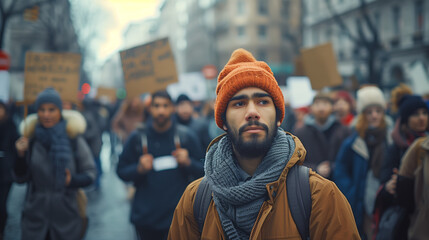 In a crowded city square, activists from diverse backgrounds protest, embodying the collective...