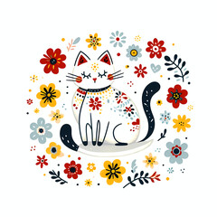 Simple folk style illustration of a cat with red and yellow flowers.