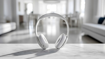 Elegant White Wireless Headphones on Marble Table in Modern Interior