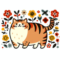 Simple folk style illustration of a cat with red and yellow flowers.