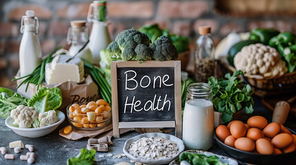 A bold banner reads "Bone Health" over a display of calcium-rich foods such as dairy products, enticing customers to boost their calcium intake and support bone health.