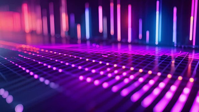 Glowing neon bars of a digital equalizer visualizing audio levels in a spectrum of colors.