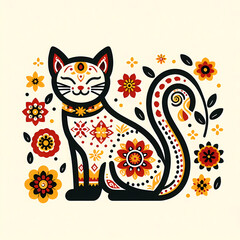 Simple folk style illustration of a cat with red and yellow flowers.