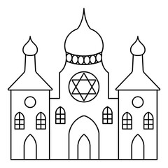 Synagogue. Sketch. Vector illustration. Outline on isolated background. Coloring book for children. A place for prayer and ritual reading of the Torah. A place where the Jewish community gathers. 