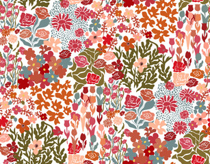 Colorful floral filed background, summer time seamless pattern. Cute tiny flowers aesthetic contemporary design for textile prints.