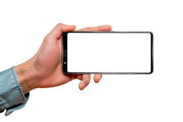 Man hand holding a cell phone horizontally with transparent screen isolated on a cut out PNG transparent background. Mobile phone mock-up 