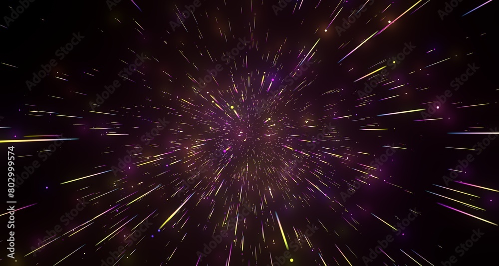 Poster Flying inside digital data tunnel. Futuristic abstract background with neon rays