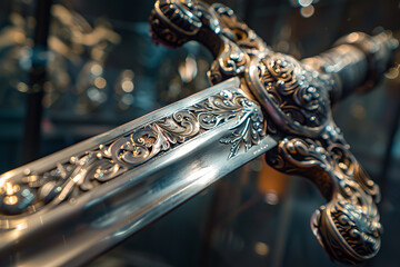 A ceremonial silver sword displayed in a museum captivates with its craftsmanship - embodying stories of power and tradition