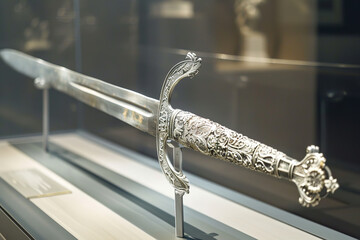 A ceremonial silver sword displayed in a museum captivates with its craftsmanship - embodying stories of power and tradition