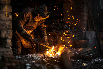 A metalworker prepares molten silver for casting in a foundry - crafting custom decorative objects from the lustrous metal - Powered by Adobe