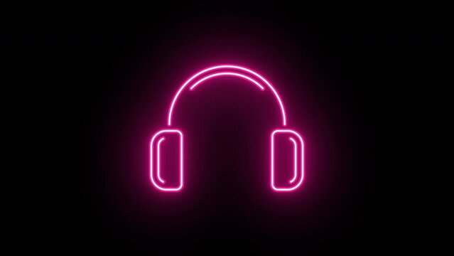 Neon headphones icon animation, flickering emergence with fading. Glowing neon headphones sign, looped animation. Dj earphones, game headset, listen music and podcast, playlist. Red, pink, purple