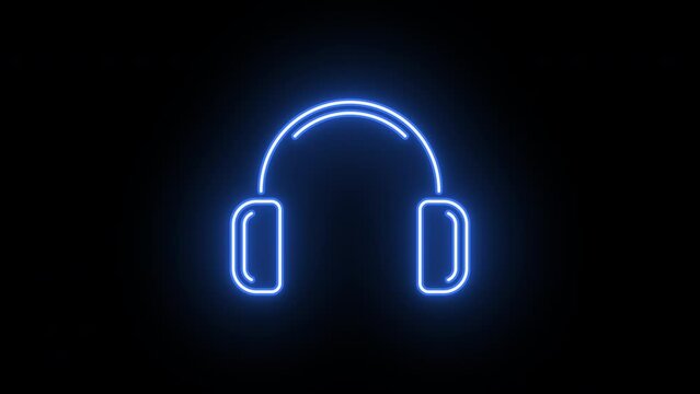 Neon headphones icon animation, flickering emergence with fading. Glowing neon headphones sign, looped animation. Dj earphones, game headset, listen music and podcast, playlist. Violet, blue, azure
