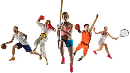 Collage made of different athletes in motion, training different kind of sports isolated on transparent background. Endurance and strength. Concept of sport, achievements, competition, championship.