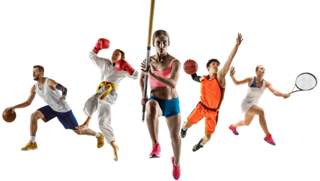 Collage made of different athletes in motion, training different kind of sports isolated on transparent background. Endurance and strength. Concept of sport, achievements, competition, championship.