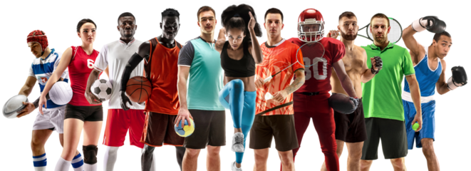 Collage. Tennis, running, badminton, soccer and American football, basketball, handball, volleyball, boxing, MMA fighter and rugby players. woman and men standing isolated on transparent background