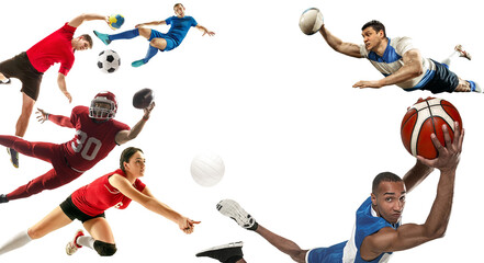 Sport collage. American football, basketball, volleyball, rugby, handball players with balls isolated on transparent background. Concept of sport, achievements, competition, championship.